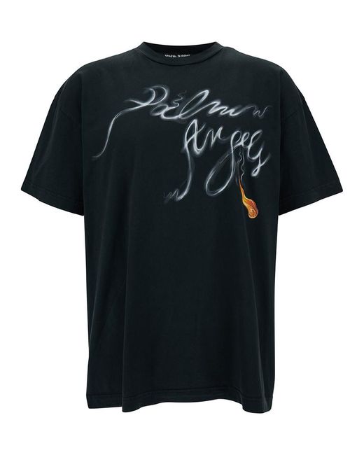 Palm Angels Black Crewneck T-Shirt With Foggy Logo Print for men