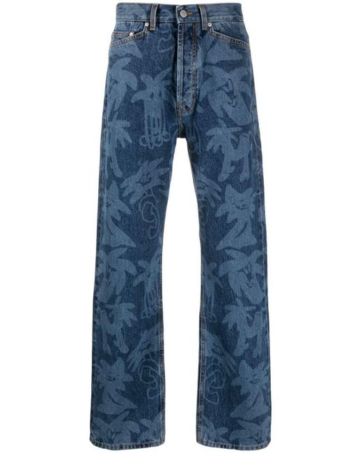 Palm Angels Blue Palmity Palm Tree-print Jeans
