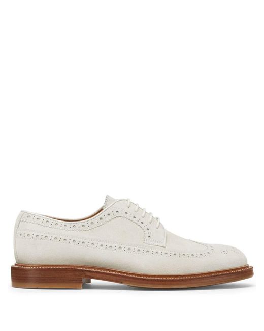 Brunello Cucinelli White Perforated-embellished Suede Derby Shoes for men