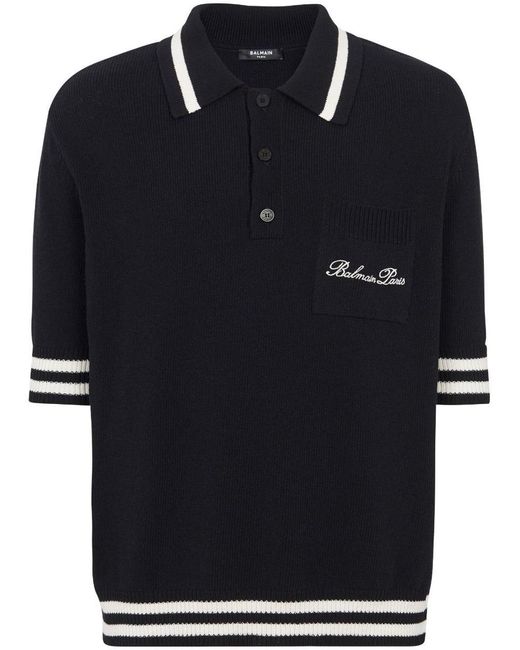 Balmain Black ' Iconica' Cotton Blend Polo Shirt for men