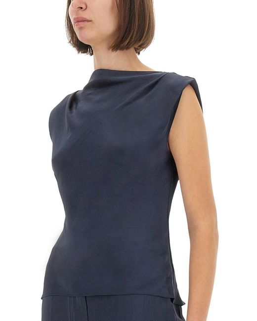 Theory Blue Cap Sleeve Satin Top With Design