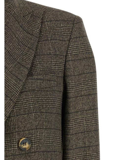 Plain Green Double-Breasted Jacket With Peak Revers And All-Over Striped Motif