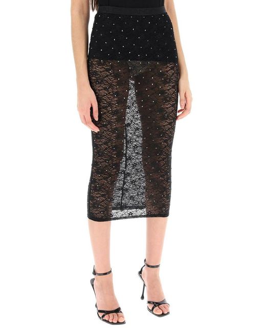 Alessandra Rich Black Midi Skirt In Lace With Rhinestones