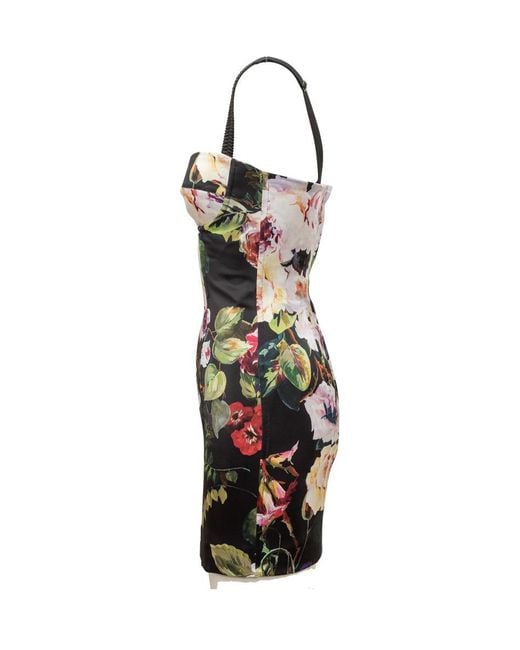 Dolce & Gabbana Black Rose Garden Print Stretch Silk Satin Bustier Dress