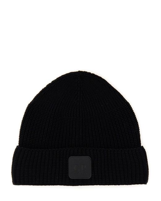C P Company Black Beanie Hat With Logo for men