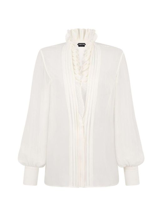 Tom Ford White Silk Georgette Shirt With High Ruffled Collar
