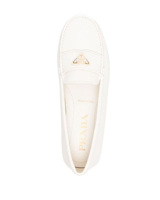Prada White Triangle-Logo Leather Loafers