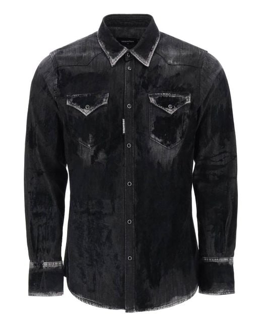 DSquared² Black Flocked Denim Western Shirt for men