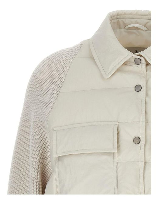 Brunello Cucinelli White Two-Material 'Shiny Flap Detail' Down Jacket