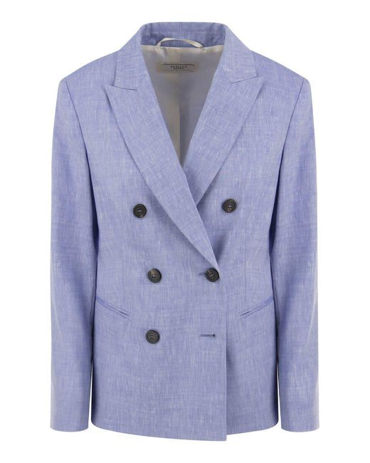 Peserico Blue Wool And Linen Canvas Double-breasted Blazer