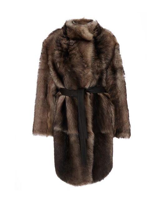 Yves Salomon Brown Shearling Coat With High Neck And Front Belt Closure
