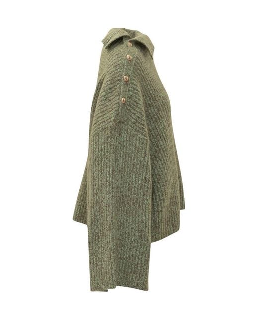 Ganni Green Sweater With Buttons On Shoulder