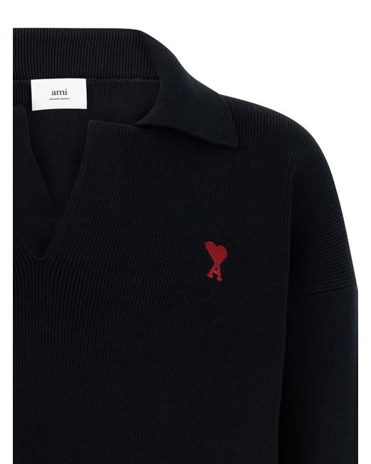 AMI Black Polo Sweater With Embroidered Ami De Coeur Logo for men