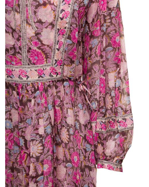 Isabel Marant Floral Print Pink Mini Dress With Long Sleeves In Cotton