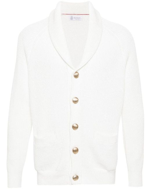 Brunello Cucinelli White Cotton Rib Stitch Cardigan for men