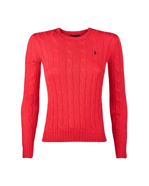 Ralph Lauren Red Bright Hibiscus Cotton Cable-Knit Crew Neck Sweater