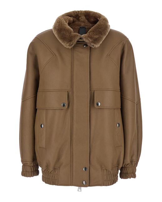 Blancha Brown Bomber Jacket With Fur Collar And Patch Pockets