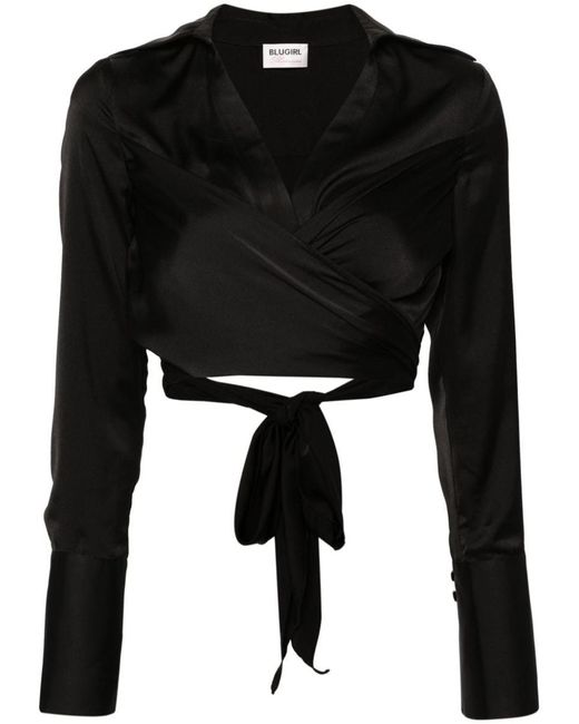 Blumarine Black Wrap-Design Cropped Shirt