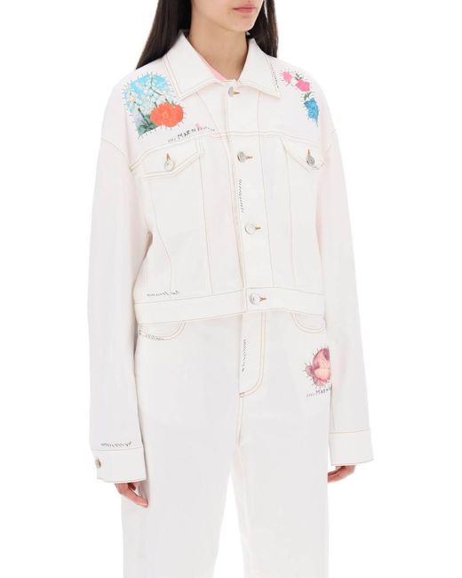 Marni White "Cropped Denim Jacket With Flower Patches And Embroidery"