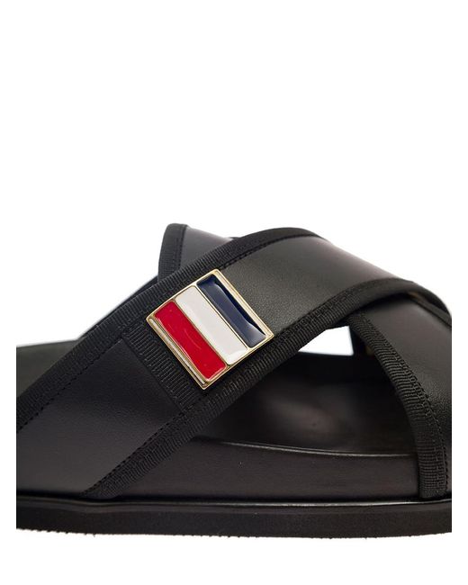 Thom Browne Criss Cross Strap Sandals With Logo In Black Leather Man for men