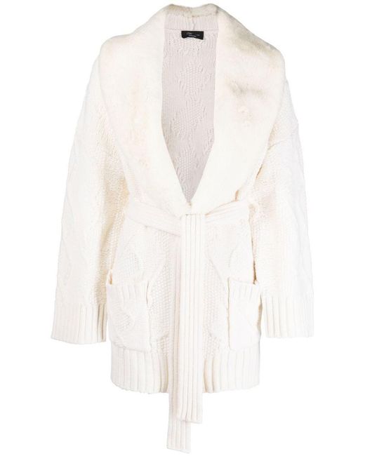 Blumarine White Belted Cable-knit Coat