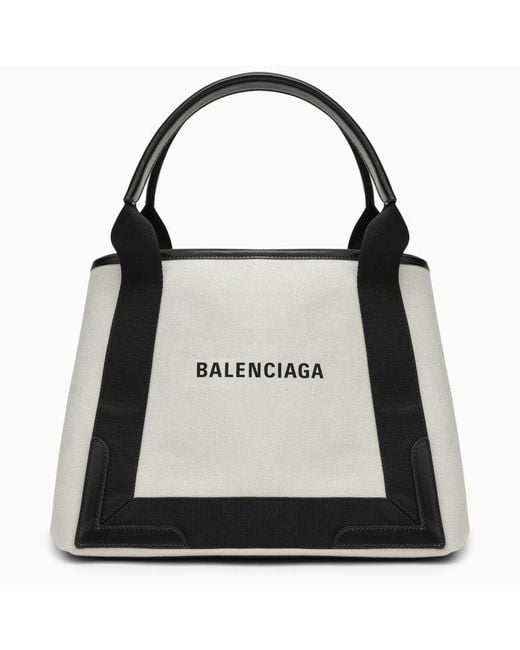 Balenciaga Black Cabas Bag Small Cream Canvas