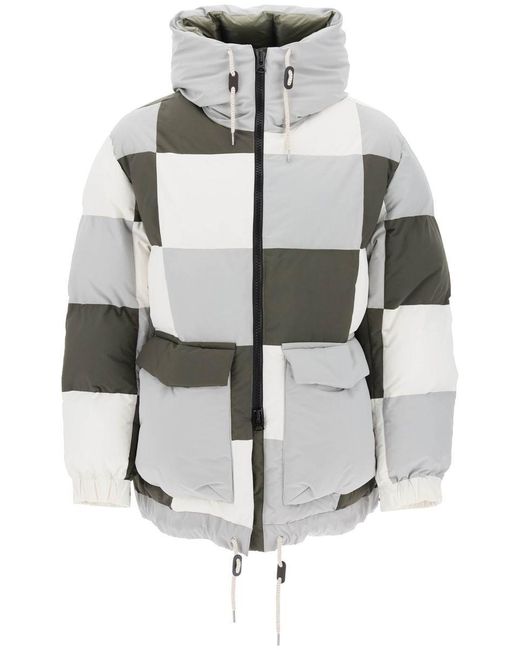 Sacai Gray Hooded Puffer Jacket With Checkerboard Pattern for men