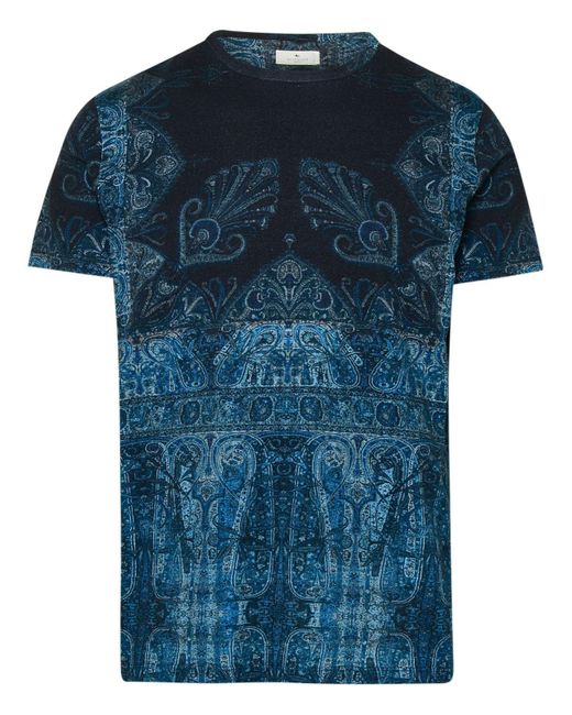 Etro Blue Paisley Print Cotton T-shirt for men