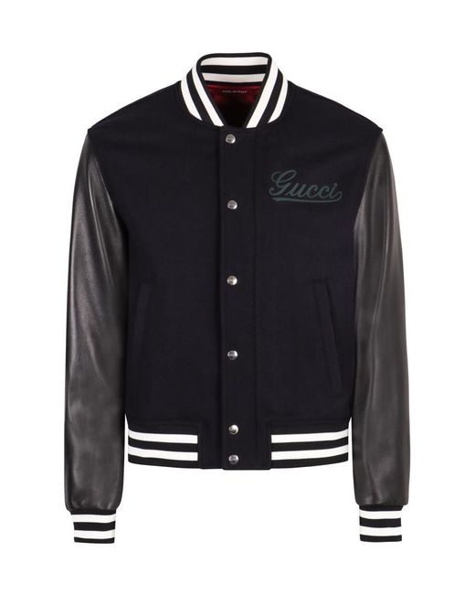 Gucci Black Wool and Leather Bomber Jacket for men