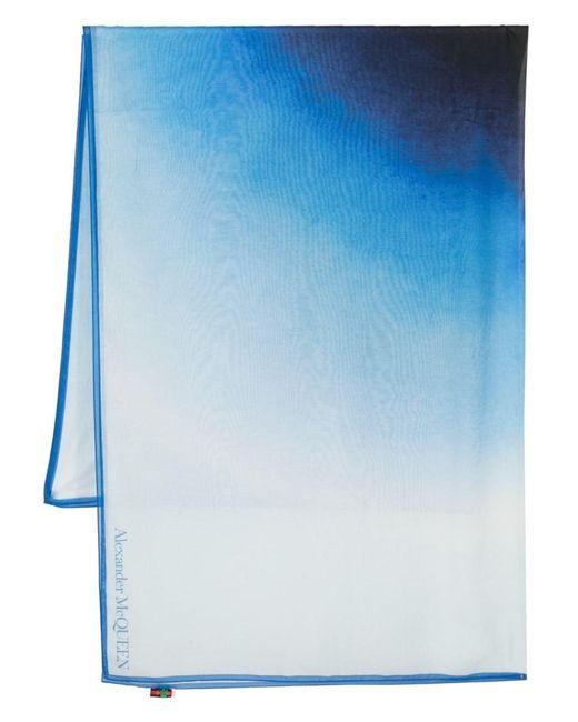 Alexander McQueen Blue Printed Silk Blend Cotton Scarf