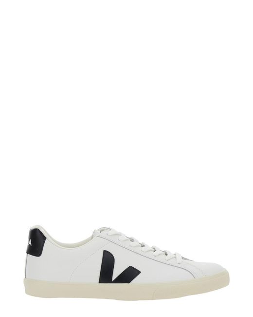 Veja White 'Esplar' Low Top Sneakers With Contrasting Heel With Logo Lettering And Logo Patch On The Side