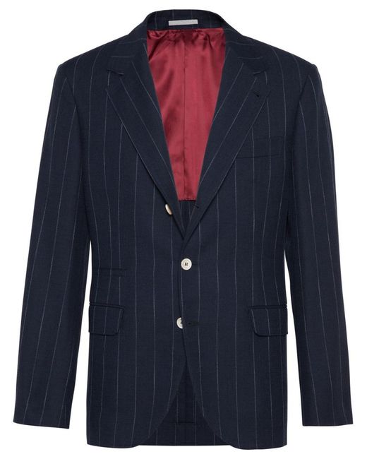 Brunello Cucinelli Blue Cotton And Wool Pinstriped Blazer for men