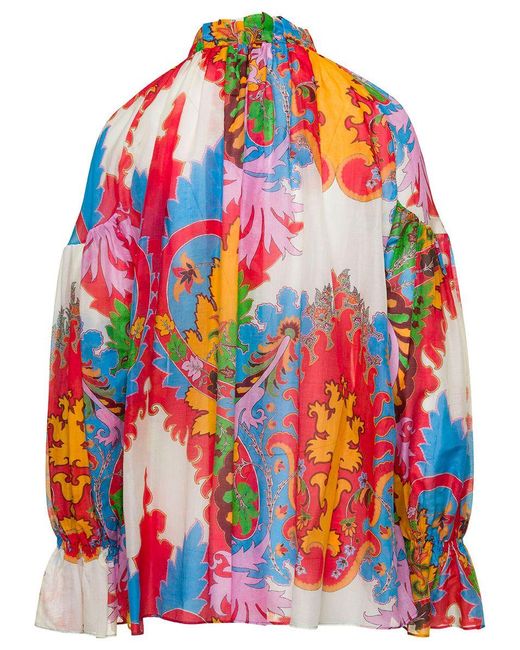 Etro Red Multicolor Blouse With Puff Sleeves And All-over Graphic Print In Silk And Cotton Blend Woman