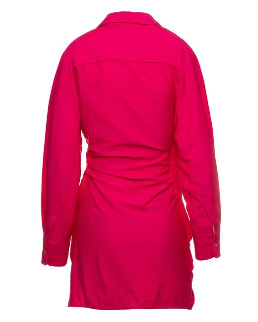 Jacquemus Pink 'La Robe Bahia' Fuchsia Short Draped Shirt Dress