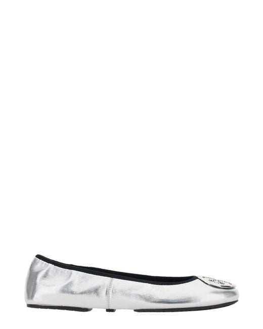 Tory Burch White Colored Ballerinas With Logo Plaque On The Front And Elasticated Design