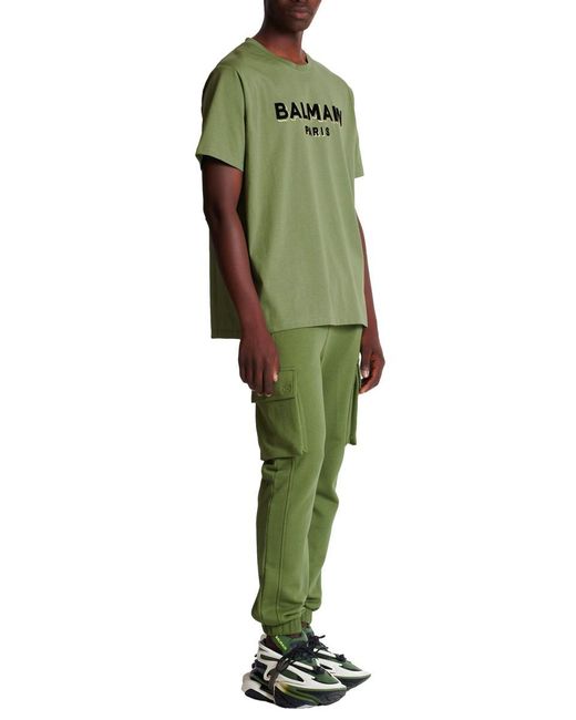 Balmain Green Flocked Logo T-shirt for men