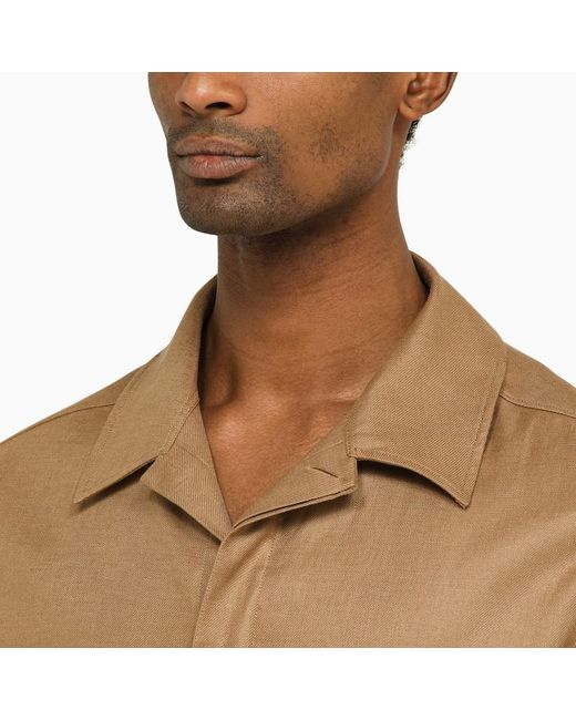Zegna Natural Dark Beige Linen Long Sleeves Shirt for men