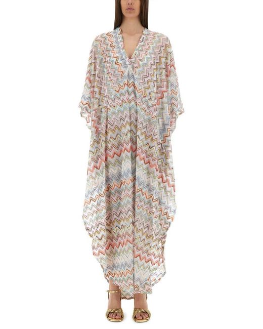 Missoni White Zigzag Lamé 3D Long Caftan
