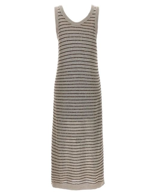 Brunello Cucinelli Gray Sequin Striped Long Dress