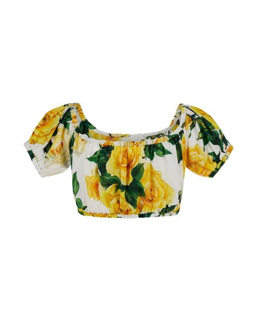 Dolce & Gabbana Yellow Crop Top With All-Over Flower Print