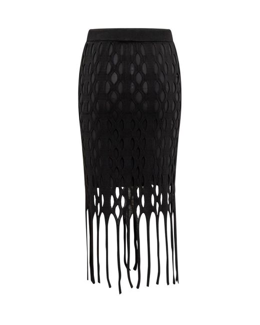 Pinko Black Skirt With Mesh Effect And Fringes