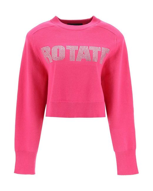 ROTATE BIRGER CHRISTENSEN Pink Rotate Rhinestone Logo Organic Cotton Sweater