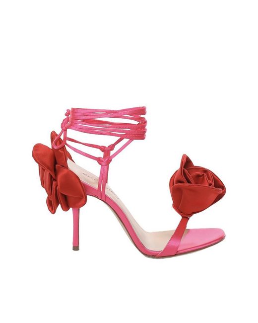 Magda Butrym Pink Double Red Flower Heel Sandals In Fuchsia Satin
