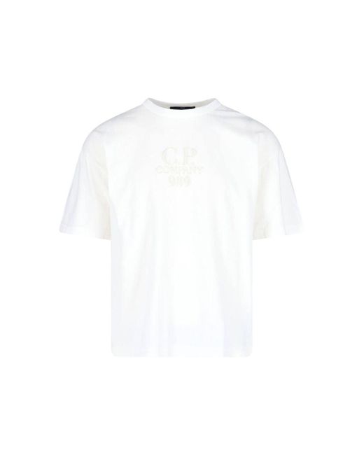 C P Company White T-Shirt With Logo Embroidered On The Front Tone-On-Tone for men