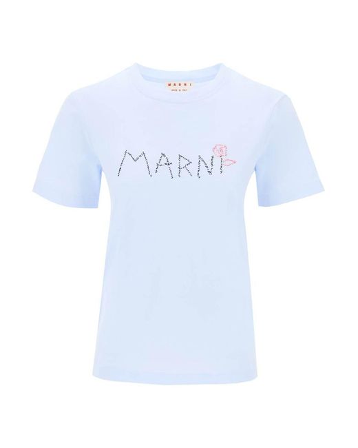 Marni Blue Hand-Embroidered Logo T-Shirt