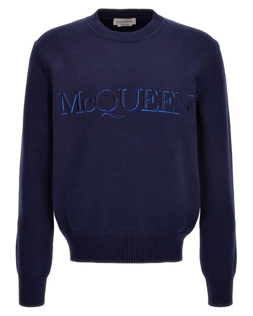 Alexander McQueen Blue Logo Embroidered Sweater for men