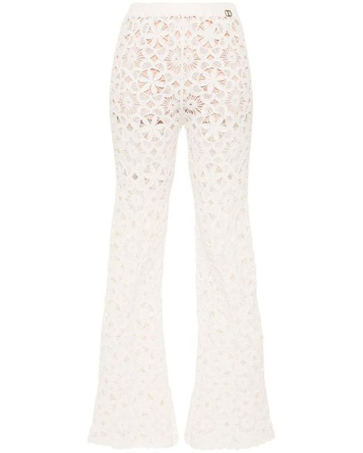 Twin Set White Flared Cotton Pants With Crocheted Flower Details