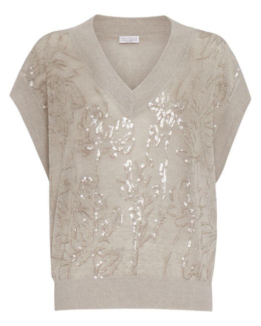 Brunello Cucinelli White Embroidered Linen Sleeveless Sweater