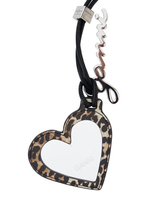 Ganni Black 'bou Heart' Brown Mirror With Logo Lettering Pendant And Leopard Motif In Metal Woman