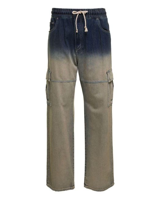 Dolce & Gabbana Blue And Beige Cargo Trousers With Logo Plaque And Gradient Effect In Cotton Denim Man for men